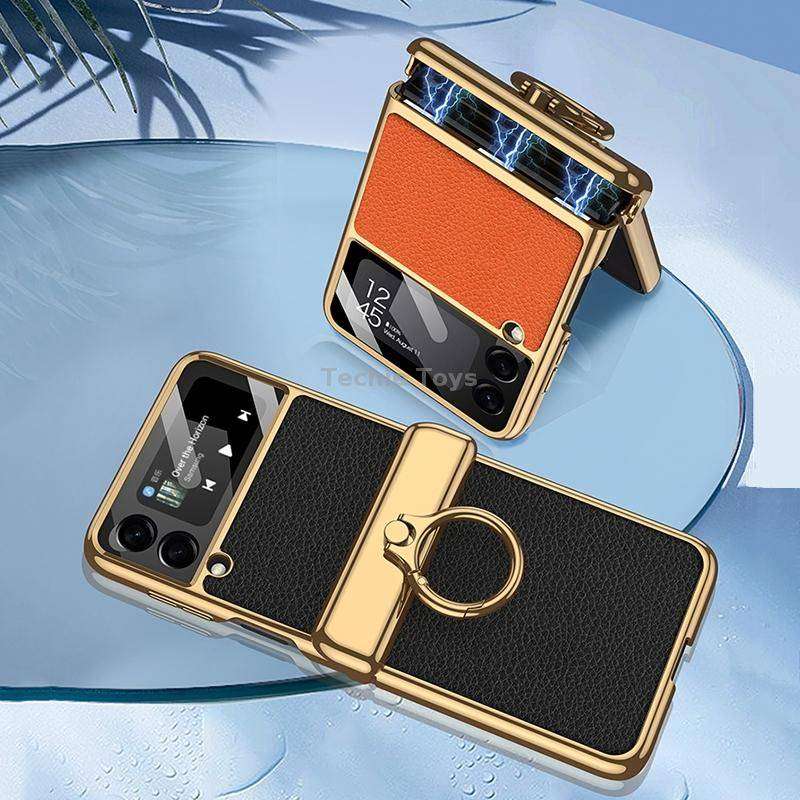For Samsung Galaxy Z Flip3 5G GKK Integrated Plating + Leather Flip Phone Case(Burning Orange)