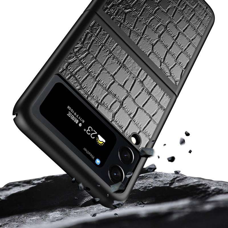 For Samsung Galaxy Z Flip4 Crocodile Texture Leather Folding Protective Phone Case(Black)