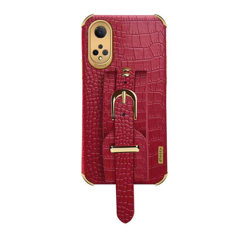 For Honor X7 Electroplated TPU Crocodile Pattern Leather Case with Wrist Strap(Red)