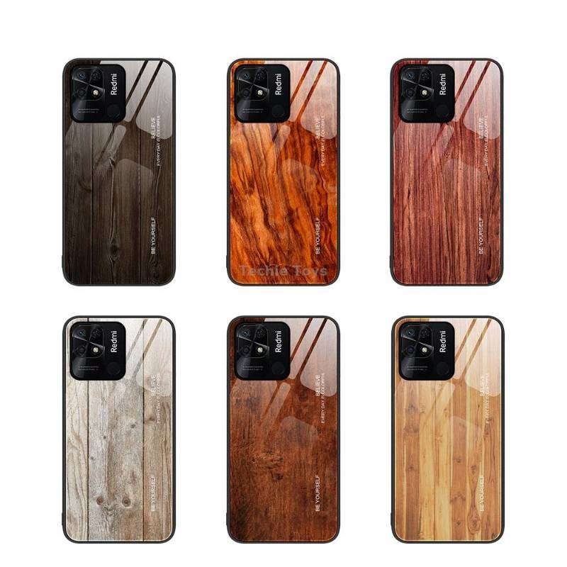 For Xiaomi Redmi 10C Wood Grain Glass Protective Case(Black)