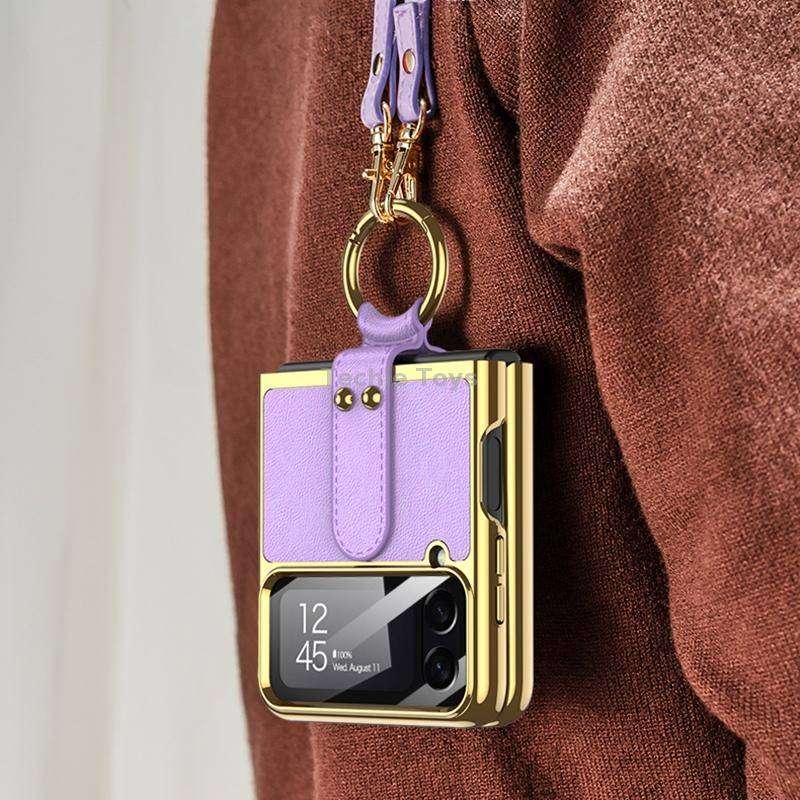 For Samsung Galaxy Z Flip4 GKK Plating + Leather Phone Case with Ring & Strap(Purple)
