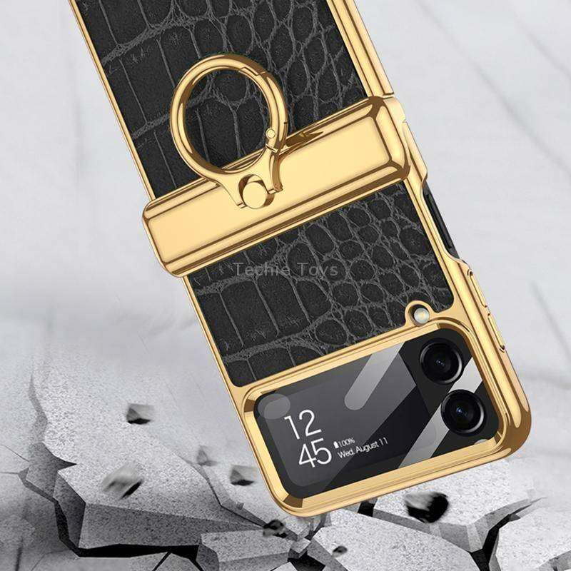For Samsung Galaxy Z Flip4 GKK Integrated Plating + Leather Flip Phone Case(Crocodile Green)