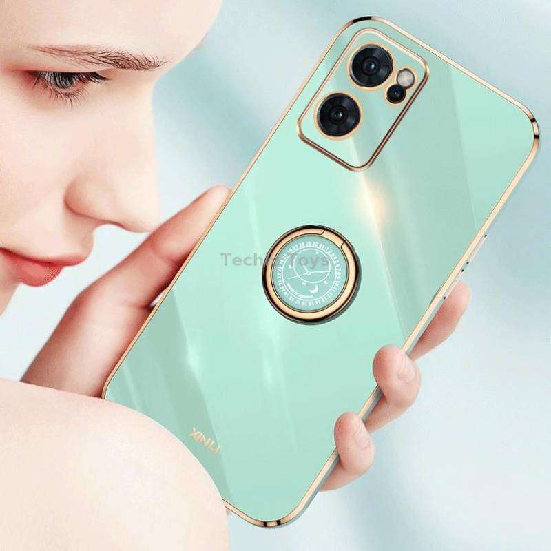 For OPPO Reno7 Global XINLI Straight Edge 6D Electroplate TPU Phone Case with Ring Holder(Black)