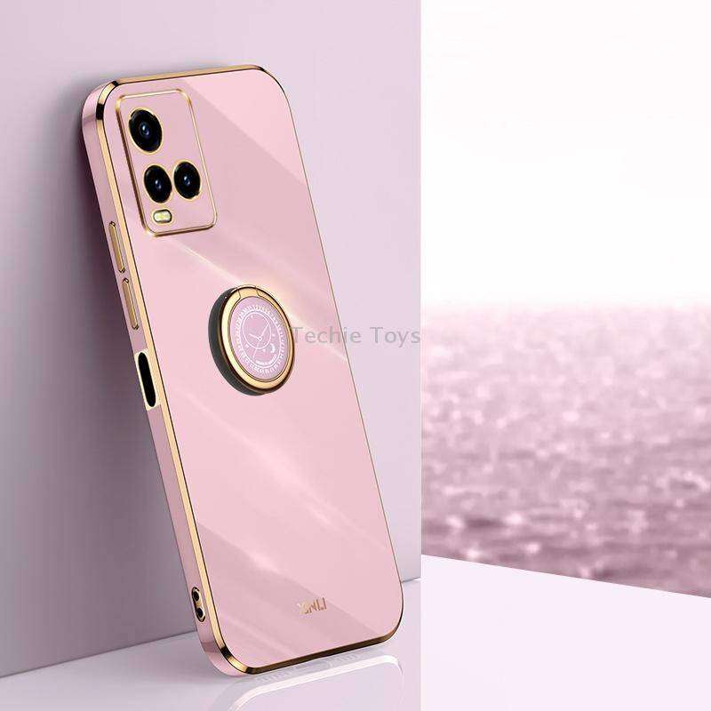 For vivo Y33s Global XINLI Straight Edge 6D Electroplate TPU Phone Case with Ring Holder(Cherry Purp