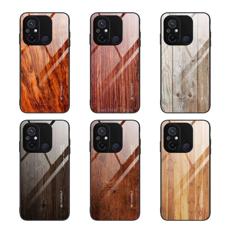 For Xiaomi Redmi 12C Wood Grain Glass Phone Case(Black)