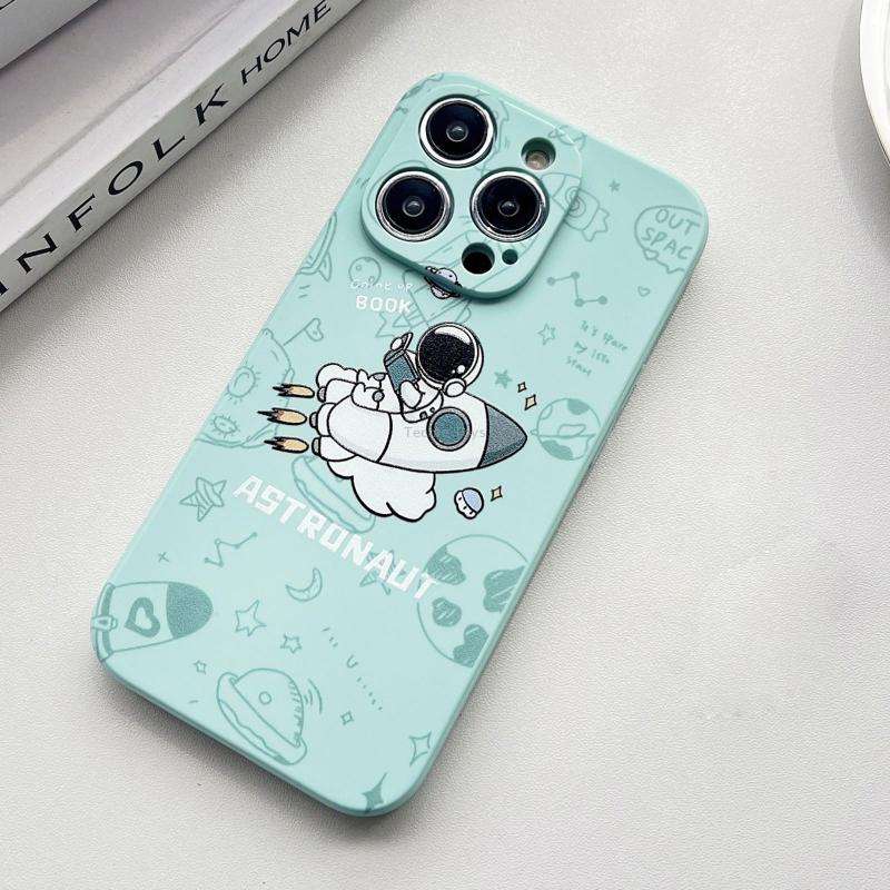 For iPhone 12 Liquid Silicone Straight Side Phone Case(Green Astronaut)