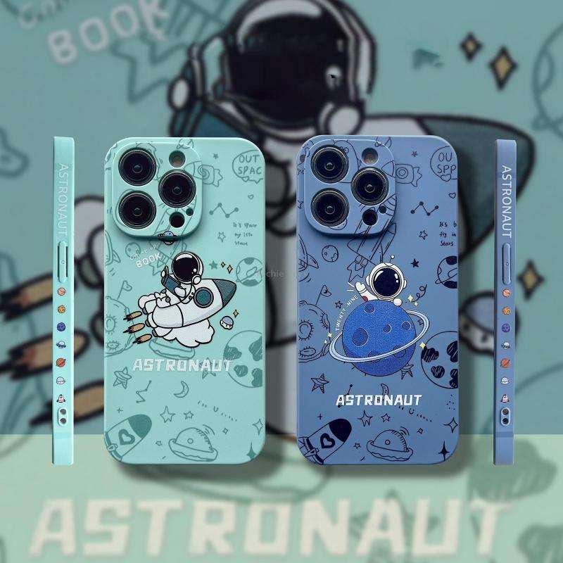For iPhone 12 Liquid Silicone Straight Side Phone Case(Green Astronaut)