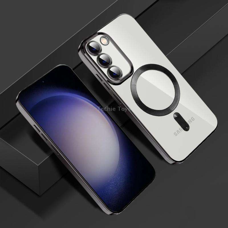 For Samsung Galaxy S23 5G CD Texture Plating TPU MagSafe Phone Case with Lens Film(Black)