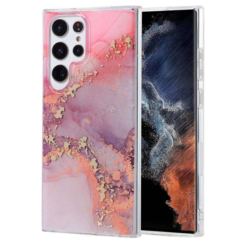 For Samsung Galaxy S22 Ultra 5G Coloured Glaze Marble Phone Case(Pink Grey)