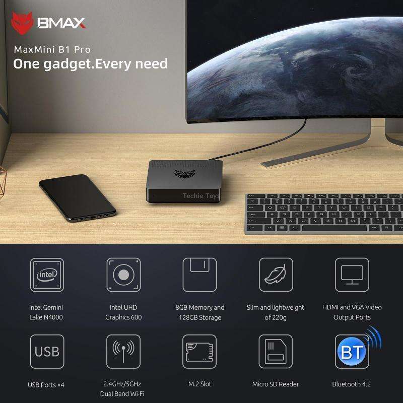 BMAX B1 Pro Windows 10 Mini PC, 8GB+128GB, Intel Celeron N4000, Support HDMI / VGA / RJ45(US Plug)