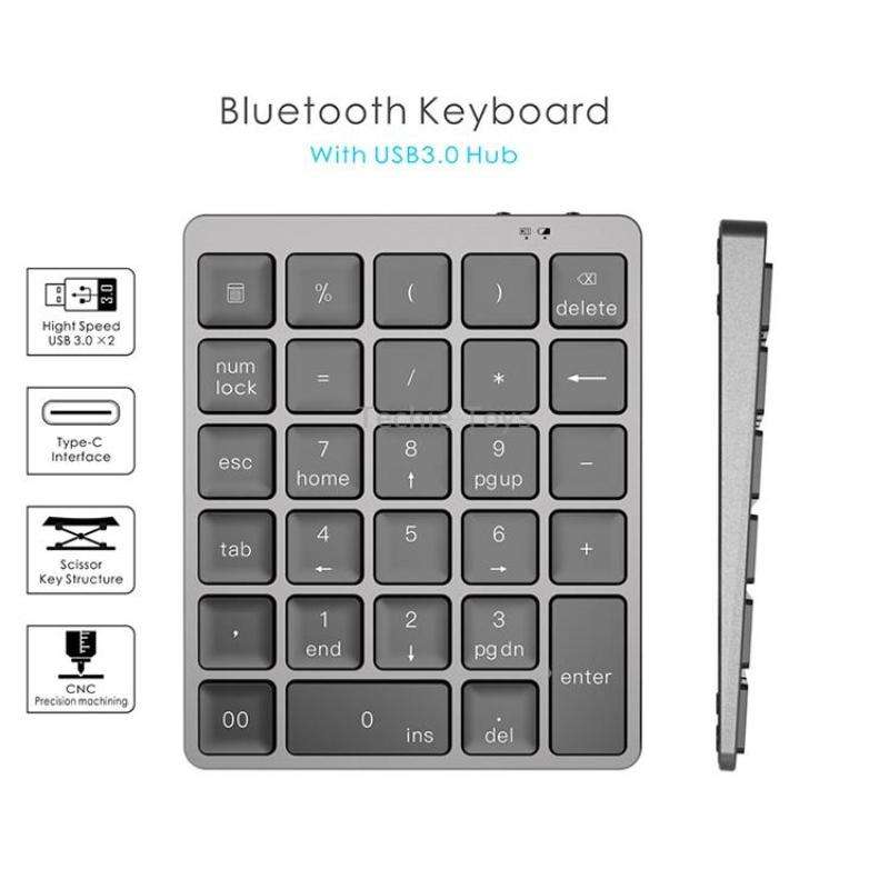 N970 Pro Dual Modes Aluminum Alloy Rechargeable Wireless Bluetooth Numeric Keyboard with USB HUB (Gr