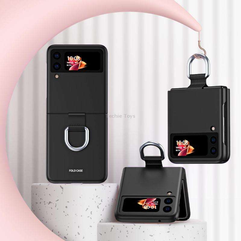 For Samsung Galaxy Z Flip3 5G Skin Feel Folding Phone Case with Drawstring Key Chain(Black)