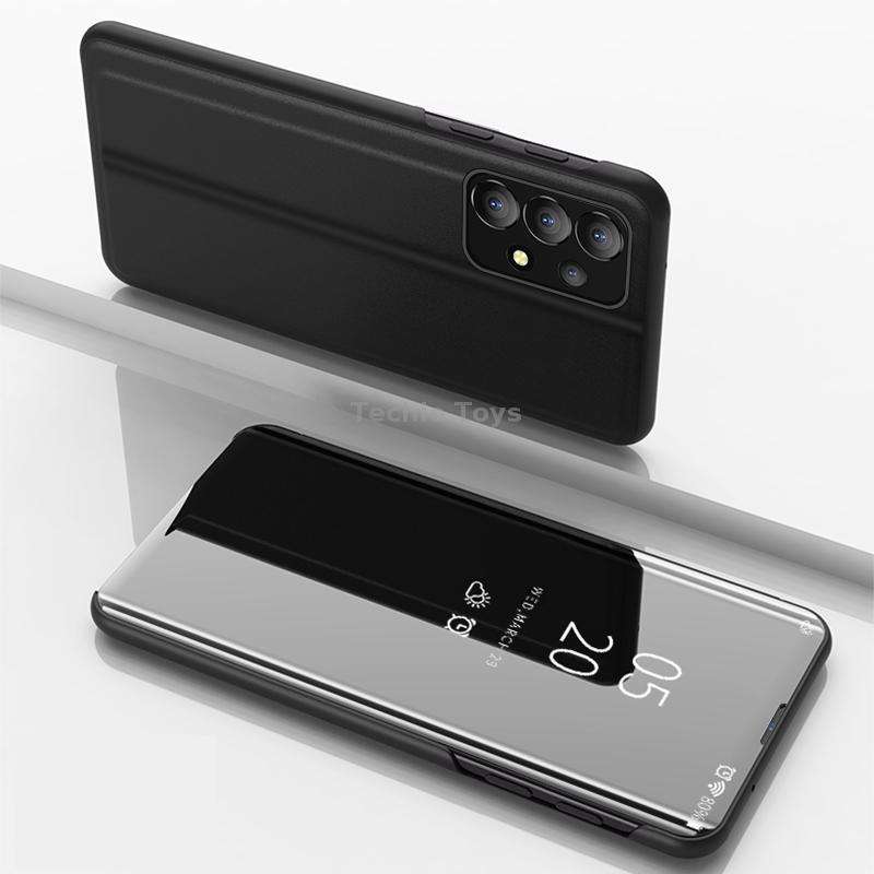For Samsung Galaxy A73 5G Plated Mirror Flip Leather Case with Holder(Black)