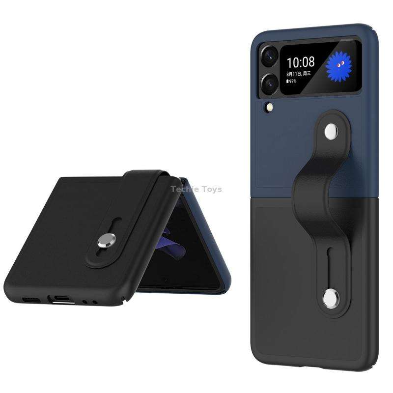 For Samsung Galaxy Z Flip3 5G Skin Contrast Wristband Folding Phone Case(Dark Blue and Black)