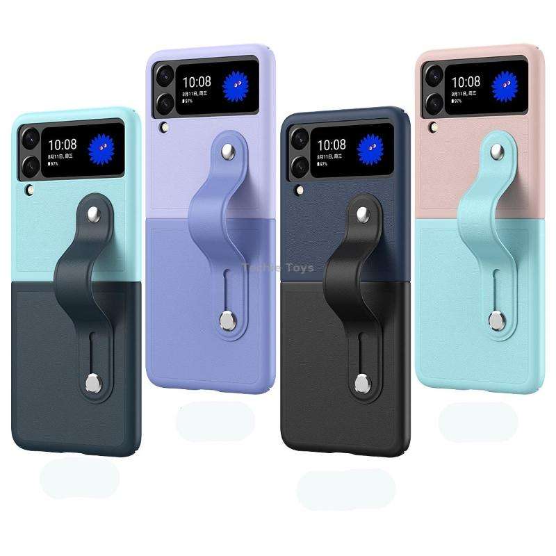 For Samsung Galaxy Z Flip3 5G Skin Contrast Wristband Folding Phone Case(Dark Blue and Black)