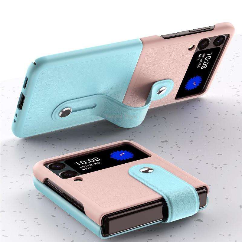 For Samsung Galaxy Z Flip3 5G Skin Contrast Wristband Folding Phone Case(Dark Blue and Black)