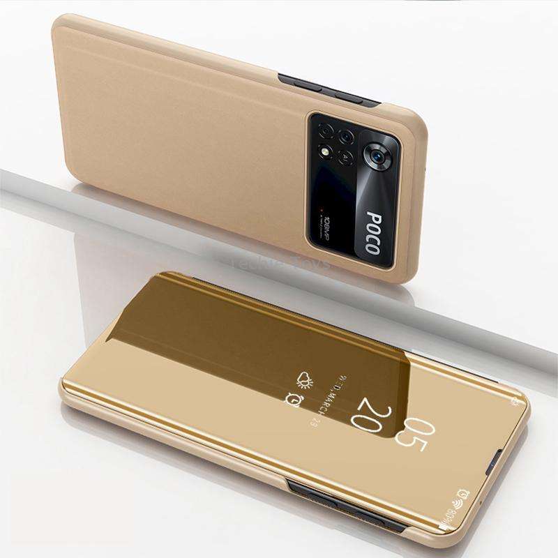 For Xiaomi Poco X4 Pro 5G Plated Mirror Horizontal Flip Leather Case with Holder(Gold)