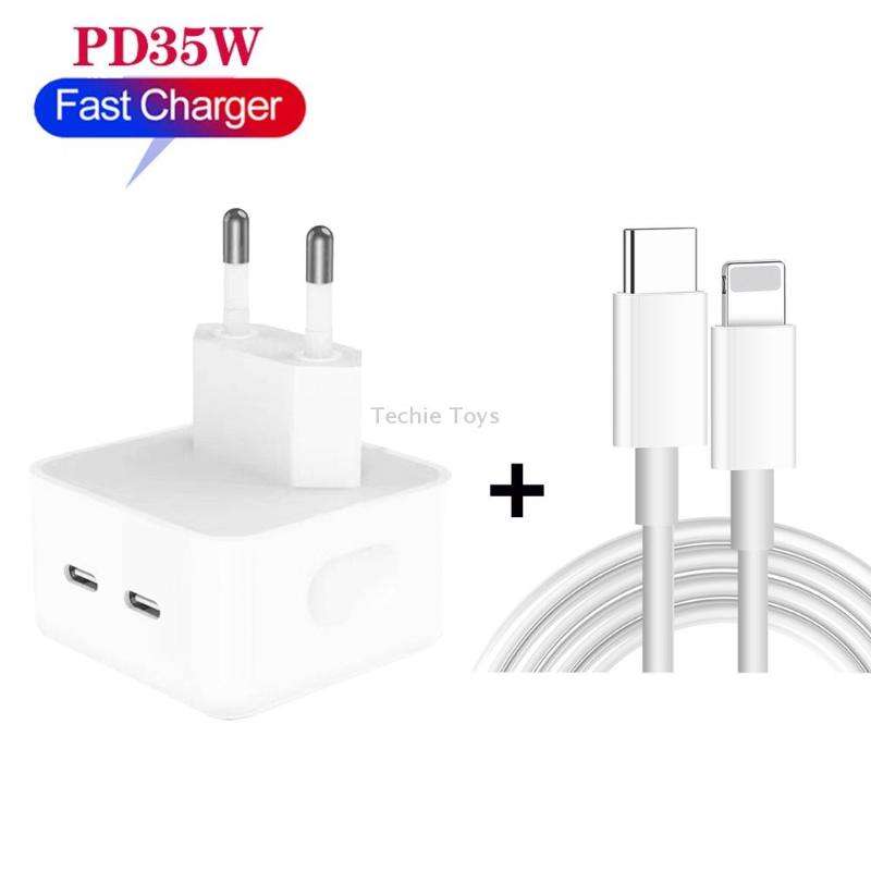 PD 35W Dual USB-C / Type-C Ports Charger with 1.5m Type-C to 8 Pin Data Cable, EU Plug