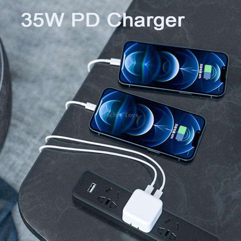 PD 35W Dual USB-C / Type-C Ports Charger with 1.5m Type-C to 8 Pin Data Cable, EU Plug