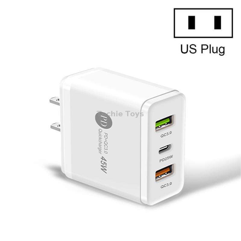 45W PD3.0 + 2 x QC3.0 USB Multi Port Quick Charger, US Plug(White)