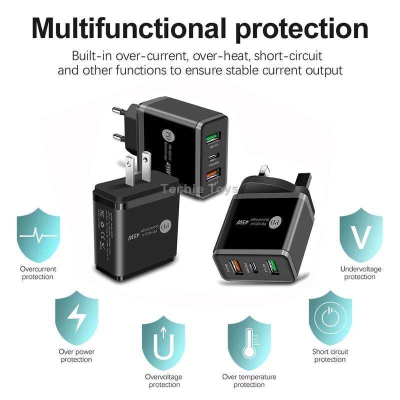 45W PD3.0 + 2 x QC3.0 USB Multi Port Quick Charger, US Plug(White)