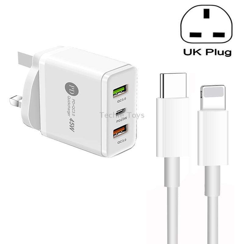 45W PD3.0 + 2 x QC3.0 USB Multi Port Charger with Type-C to 8 Pin Cable, UK Plug(White)