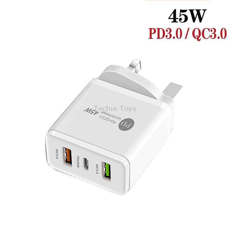45W PD3.0 + 2 x QC3.0 USB Multi Port Charger with Type-C to 8 Pin Cable, UK Plug(White)