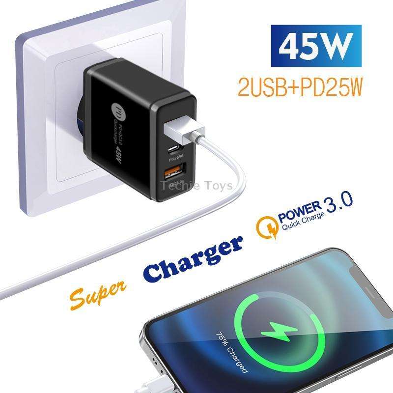 45W PD3.0 + 2 x QC3.0 USB Multi Port Charger with Type-C to Type-C Cable, US Plug(White)