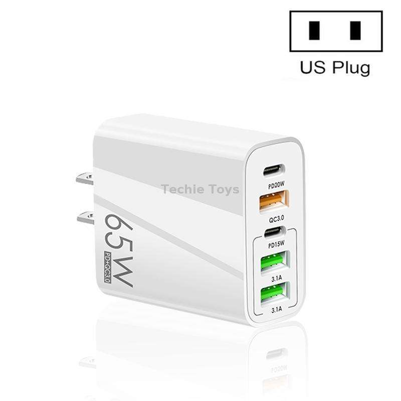 65W Dual PD Type-C + 3 x USB Multi Port Charger for Phone and Tablet PC, US Plug(White)