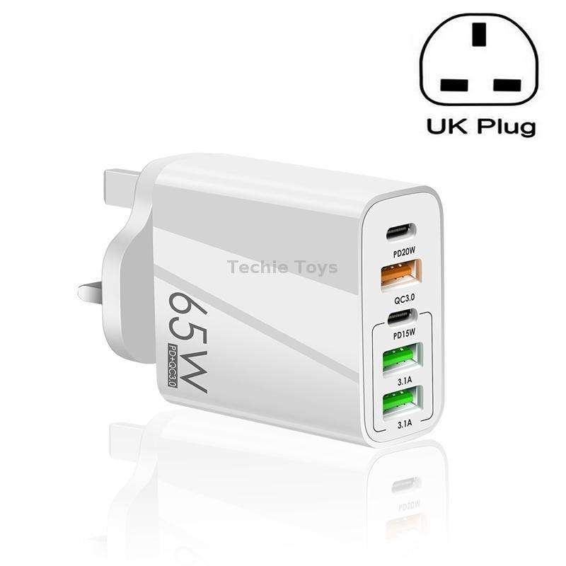 65W Dual PD Type-C + 3 x USB Multi Port Charger for Phone and Tablet PC, UK Plug(Black)