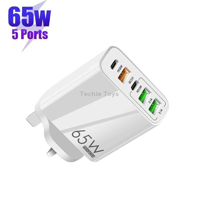 65W Dual PD Type-C + 3 x USB Multi Port Charger for Phone and Tablet PC, UK Plug(Black)