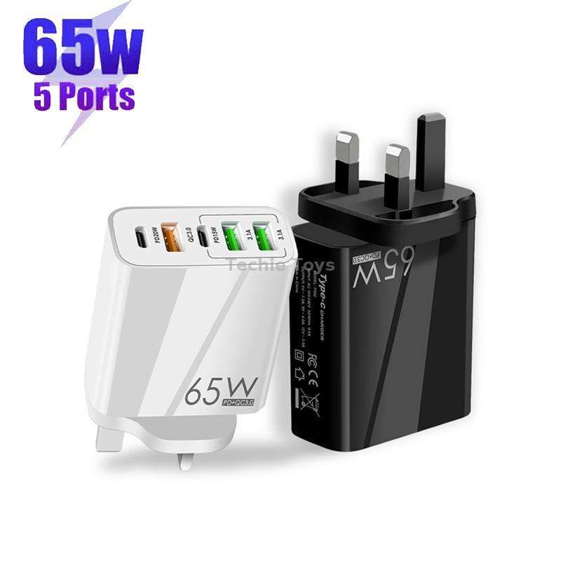 65W Dual PD Type-C + 3 x USB Multi Port Charger for Phone and Tablet PC, UK Plug(Black)