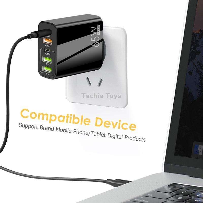 65W Dual PD Type-C + 3 x USB Multi Port Charger for Phone and Tablet PC, UK Plug(Black)
