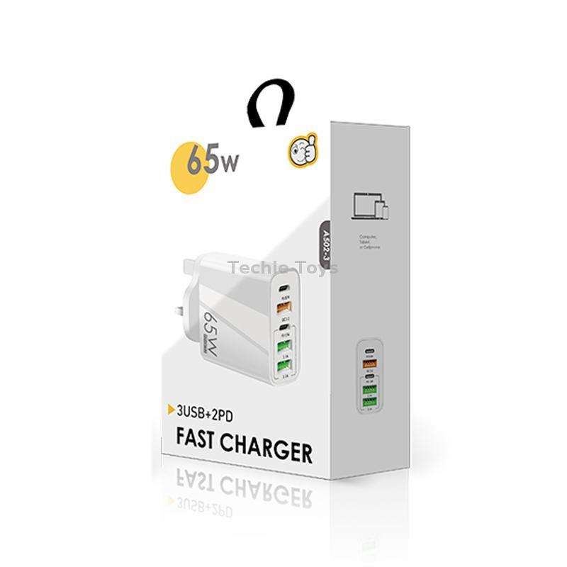 65W Dual PD Type-C + 3 x USB Multi Port Charger for Phone and Tablet PC, UK Plug(Black)