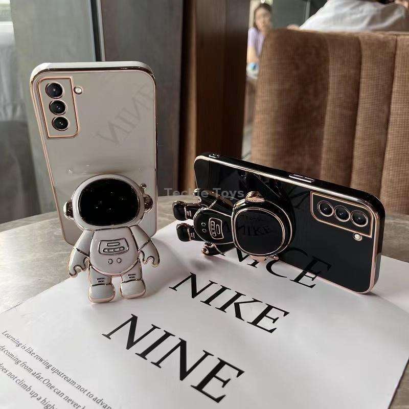 For Samsung Galaxy S22 Ultra 5G Plating Astronaut Holder Phone Case(Pink)