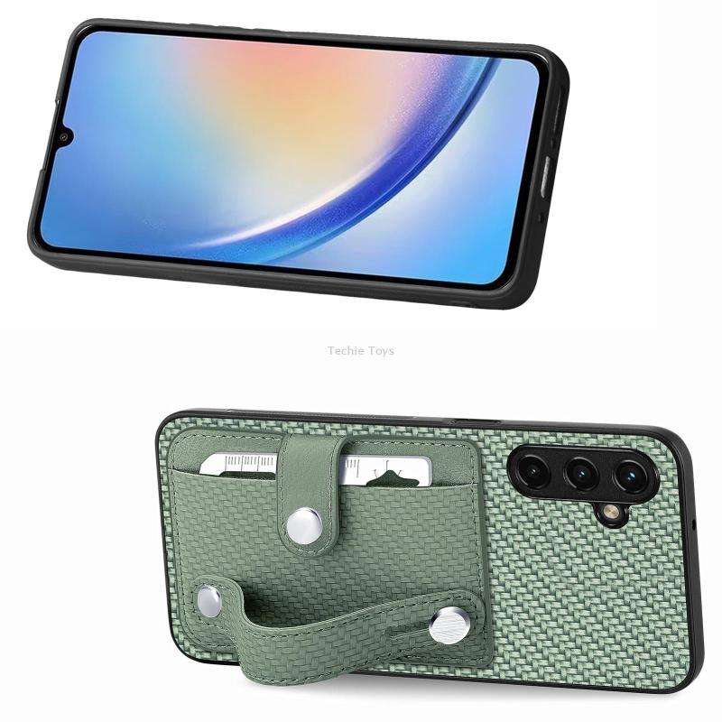 For Samsung Galaxy A34 5G Wristband Kickstand Card Wallet Back Cover Phone Case with Tool Knife(Gree