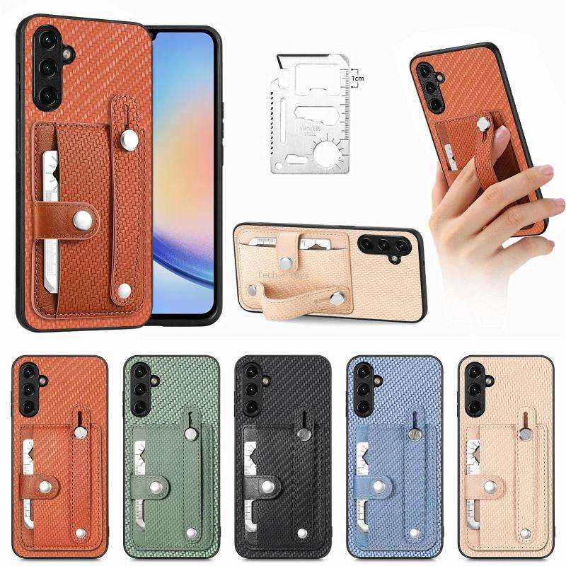For Samsung Galaxy A34 5G Wristband Kickstand Card Wallet Back Cover Phone Case with Tool Knife(Gree