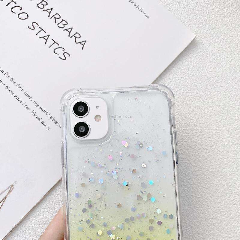 For iPhone 15 Gradient Glitter Epoxy TPU Thickened Acrylic Phone Case with Wide Lanyard(Purple)