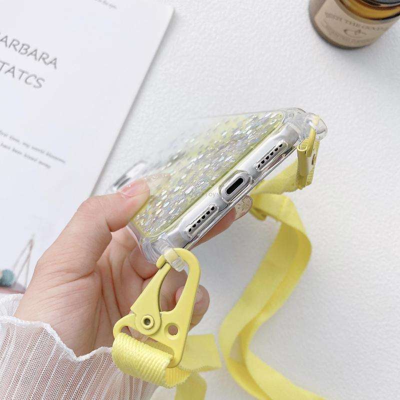 For iPhone 15 Gradient Glitter Epoxy TPU Thickened Acrylic Phone Case with Wide Lanyard(Purple)