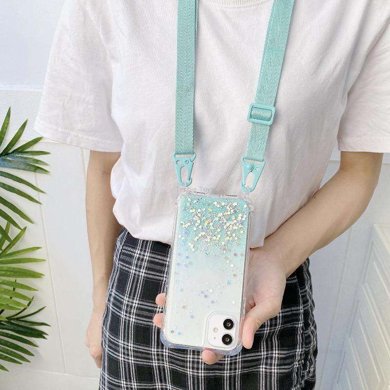 For iPhone 15 Gradient Glitter Epoxy TPU Thickened Acrylic Phone Case with Wide Lanyard(Purple)
