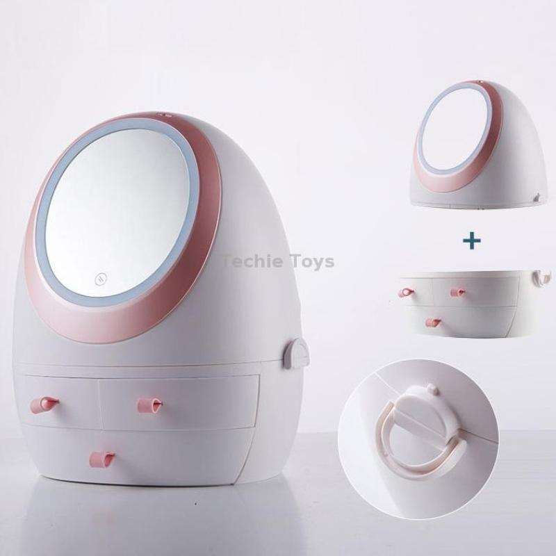 Desktop Dustproof Portable Cosmetic Storage Box With Mirror, Colour: White Mirror With Light