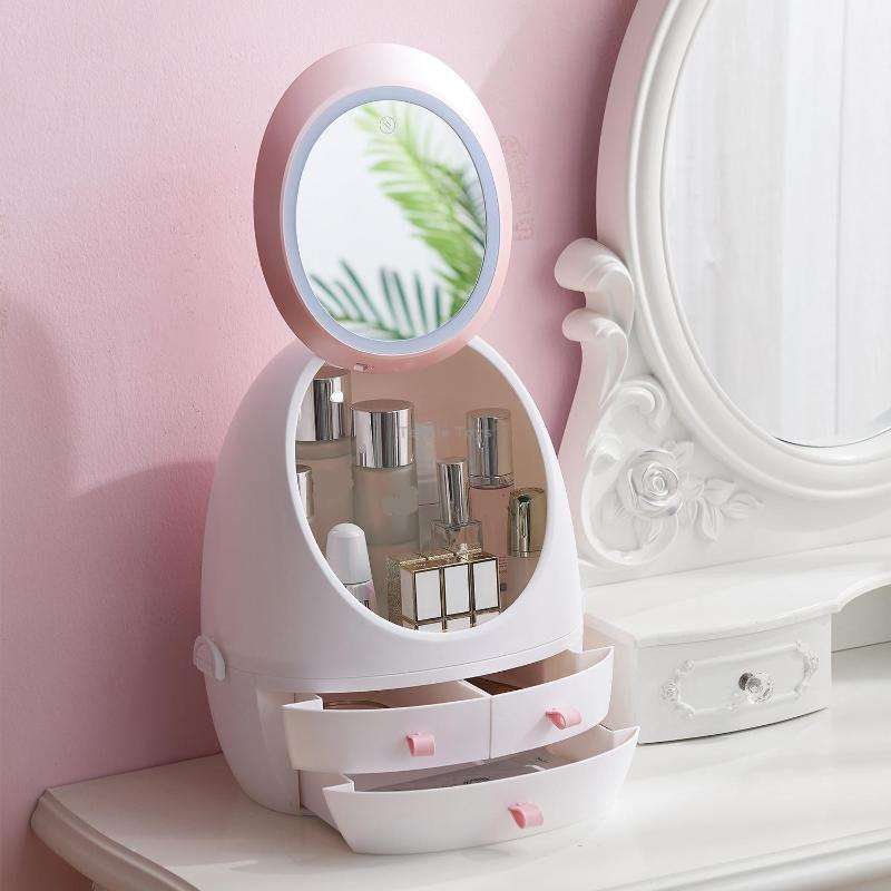 Desktop Dustproof Portable Cosmetic Storage Box With Mirror, Colour: White Mirror With Light