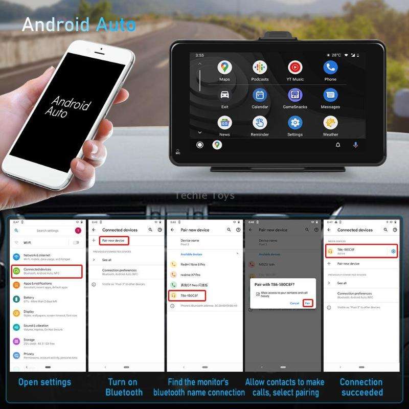 A3135 7 Inch HD Wired Smart Screen With Wireless CarPlay + Android Auto + Android With With 32G Memo