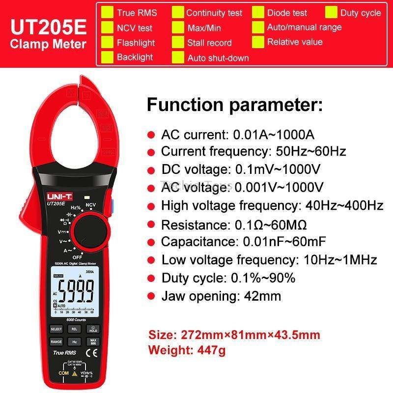 UNI-T UT205E 1000A 42mm Jaw Size Digital Clamp Meter AC DC Voltage Detector