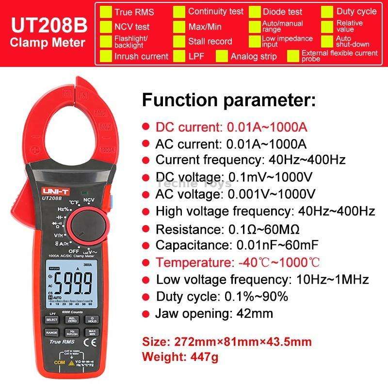UNI-T UT208B 1000A 42mm Jaw Size Digital Clamp Meter AC DC Voltage Detector