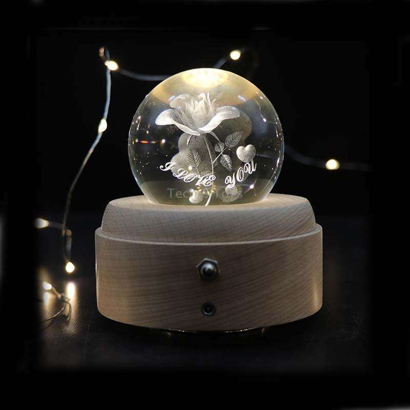 Girl Bedside Lamp Crystal Ball Wooden Base Music Box Charging Glow Rotating Night Light, Random Musi