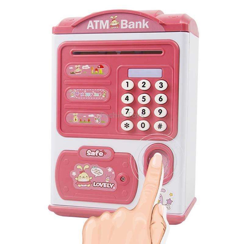 Simulation Password Fingerprint Sensor Unlocking Money Box Automatic Roll Money Safe ATM Piggy Bank(