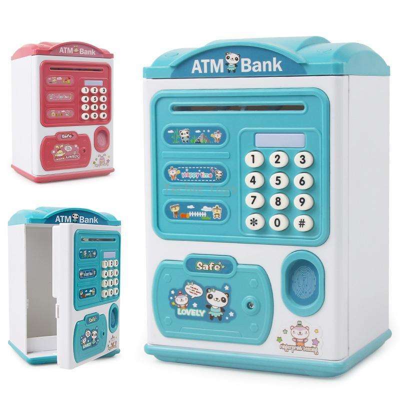 Simulation Password Fingerprint Sensor Unlocking Money Box Automatic Roll Money Safe ATM Piggy Bank(