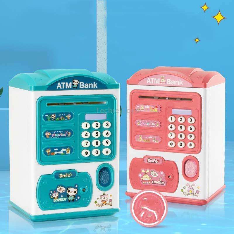 Simulation Password Fingerprint Sensor Unlocking Money Box Automatic Roll Money Safe ATM Piggy Bank(
