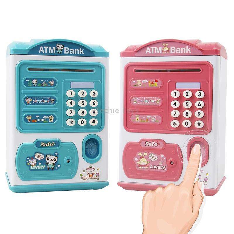 Simulation Password Fingerprint Sensor Unlocking Money Box Automatic Roll Money Safe ATM Piggy Bank(